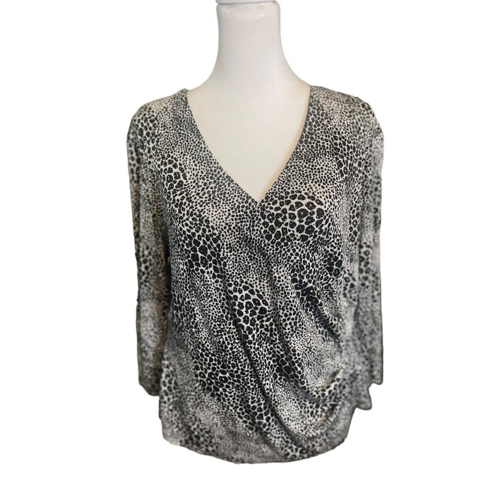 Alex Evenings Faux Wrap‎ Animal Print Knit Dressy Top Petite Size Large